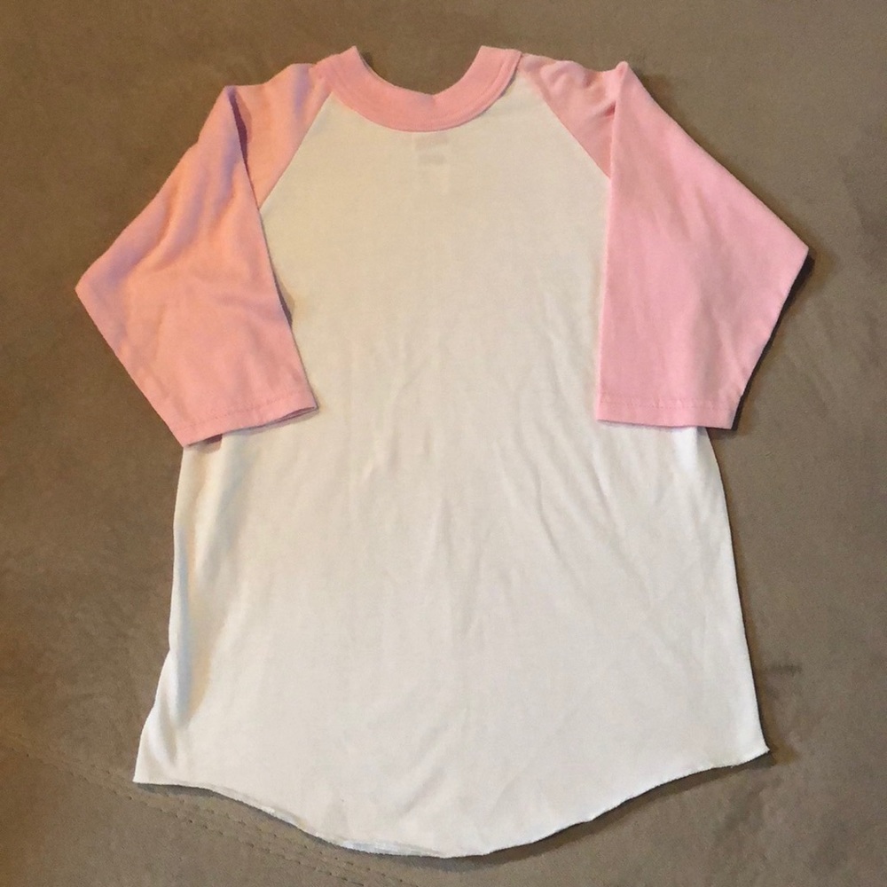 Soffe Top Girls Size Small White Pink Baseball 3/4 Sleeve‎ Shirt